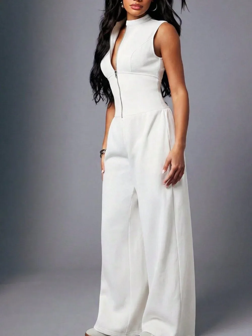 White Sexy Casual Women's Zip Up Sweatshirt Jumpsuit